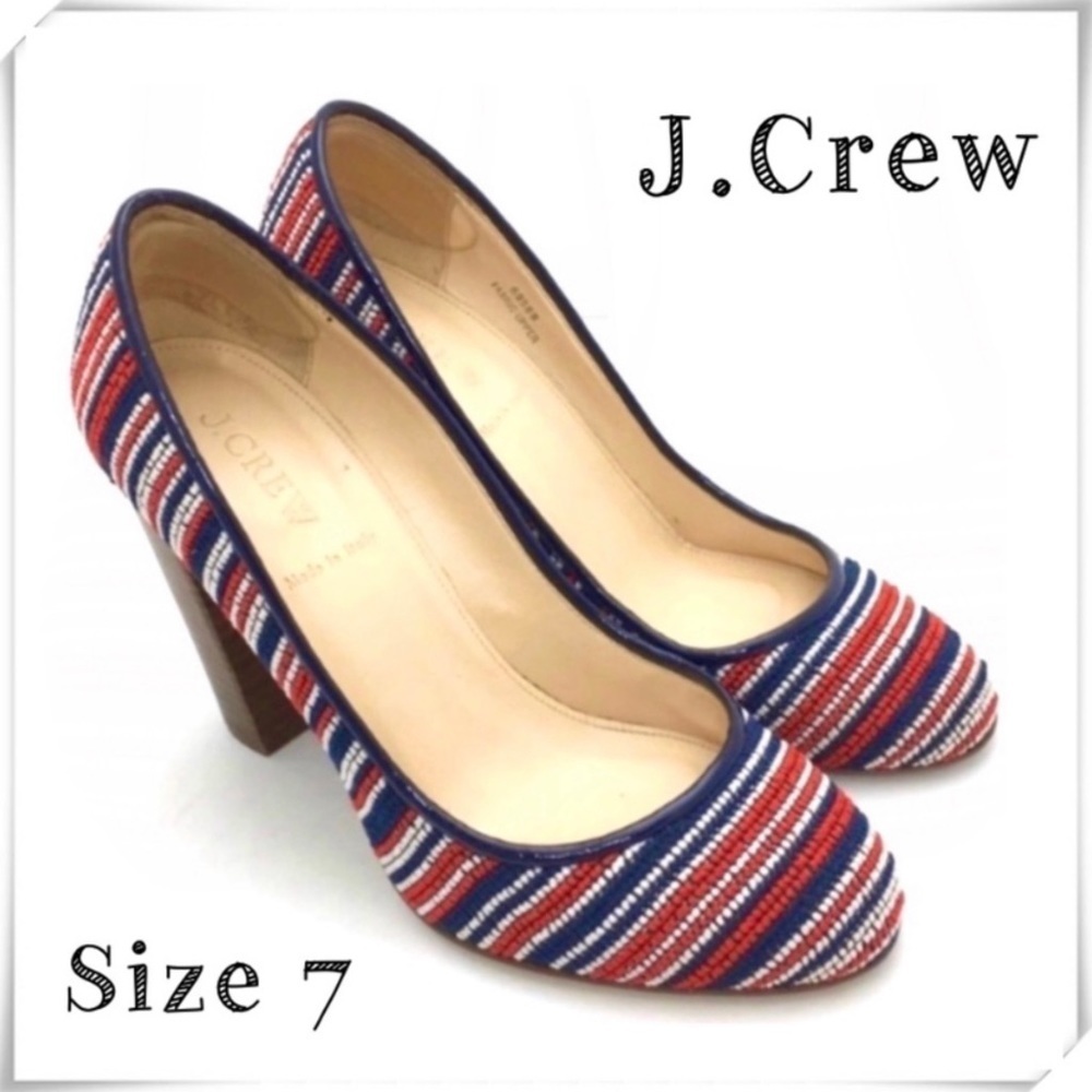 J.CREW Etta Tweed Woven Stripe Round Toe Block Heel Pumps in Blue with Red